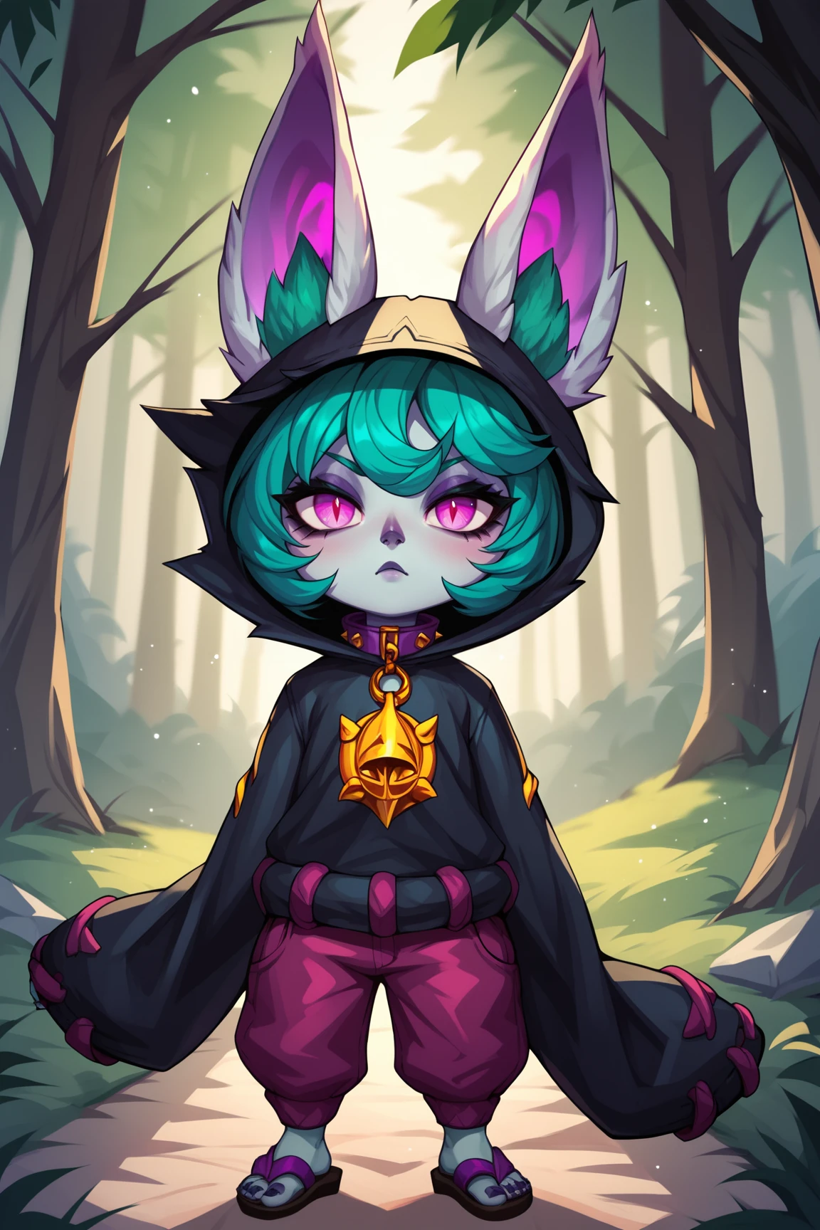 score_9, score_8_up, score_7_up, score_6_up, score_5_up, score_4_up, VexLoLXL, yordle, shortstack, pink eyes, green hair, bangs, short hair, grey skin, colored skin, black hood, hood up, ears through headwear, white animal ears, black shirt, purple collar, golden ornament, long sleeves, sleeves past wrists, purple pants, sandals, standing, looking at viewer, forest, tree <lora:VexLoLXL:0.7>