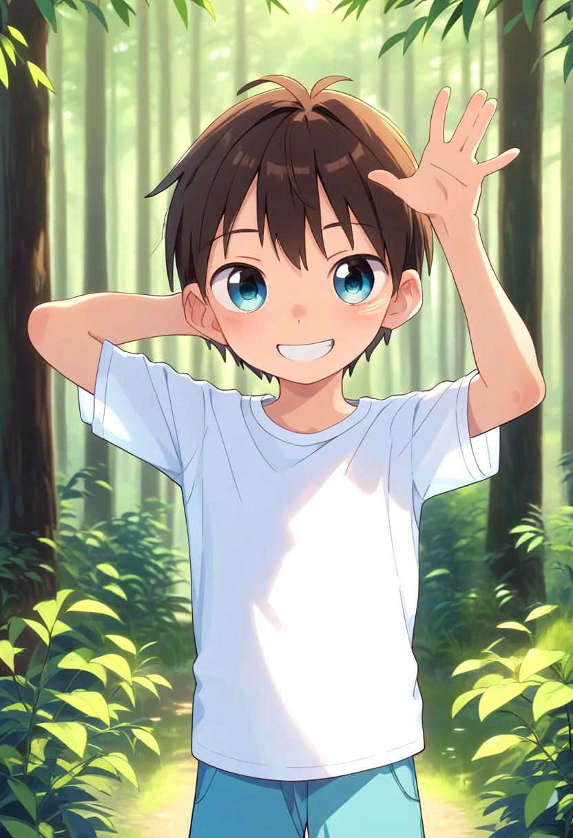 score_9, score_8_up, score_7_up, detailed eyes, forest, BREAK
straight on shot, standing,  <lora:PerfectEyesXL:0.8> perfecteyes,
 <lora:cutifiedanimecharacterdesign_variant_type_D_PonyXL_v10:0.7> 1boy, type-d,brown hair, shirt,  petite, young, solo
 smile || bright smile,
full shot,bagpack