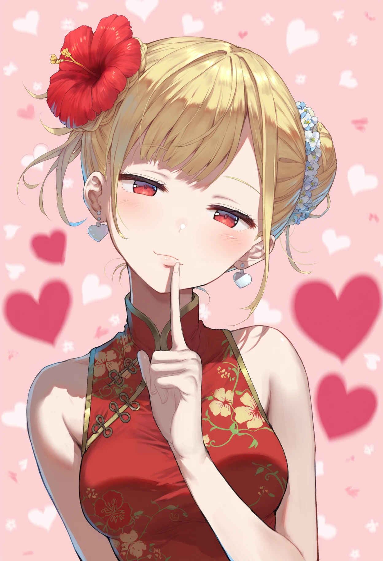 score_9, score_8_up, score_7_up, score_6_up, score_5_up, score_4_up, source_anime,
BREAK
(close-up of a face:1.5),
1girl, solo, hibiscus hair ornament, earring, blonde, hair bun, sleeveless, medium breasts, (finger to mouth, head tilt:1.2), wind, half-closed eyes, red eyes, looking at viewer, red china dress, (closed mouth:0.7),
shadow, (blurry background, heart background, pink background:1.4)