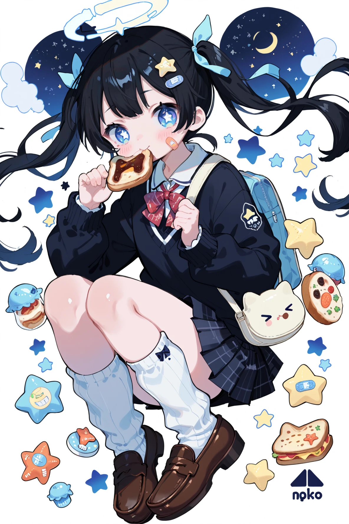 cotono, 1girl, bag, bandaid, bandaid on knee, bandaid on leg, black hair, black skirt, blue eyes, brown footwear, food, food in mouth, hair ribbon, halo, loafers, long hair, long sleeves, loose socks, mouth hold, pleated skirt, ribbon, school bag, shoes, shoulder bag, simple background, skirt, socks, solo, star-shaped pupils, star \(symbol\), star hair ornament, star print, starfish, starry background, toast, toast in mouth, twintails, white background, white legwear, <lora:cotonobrite:0.7>