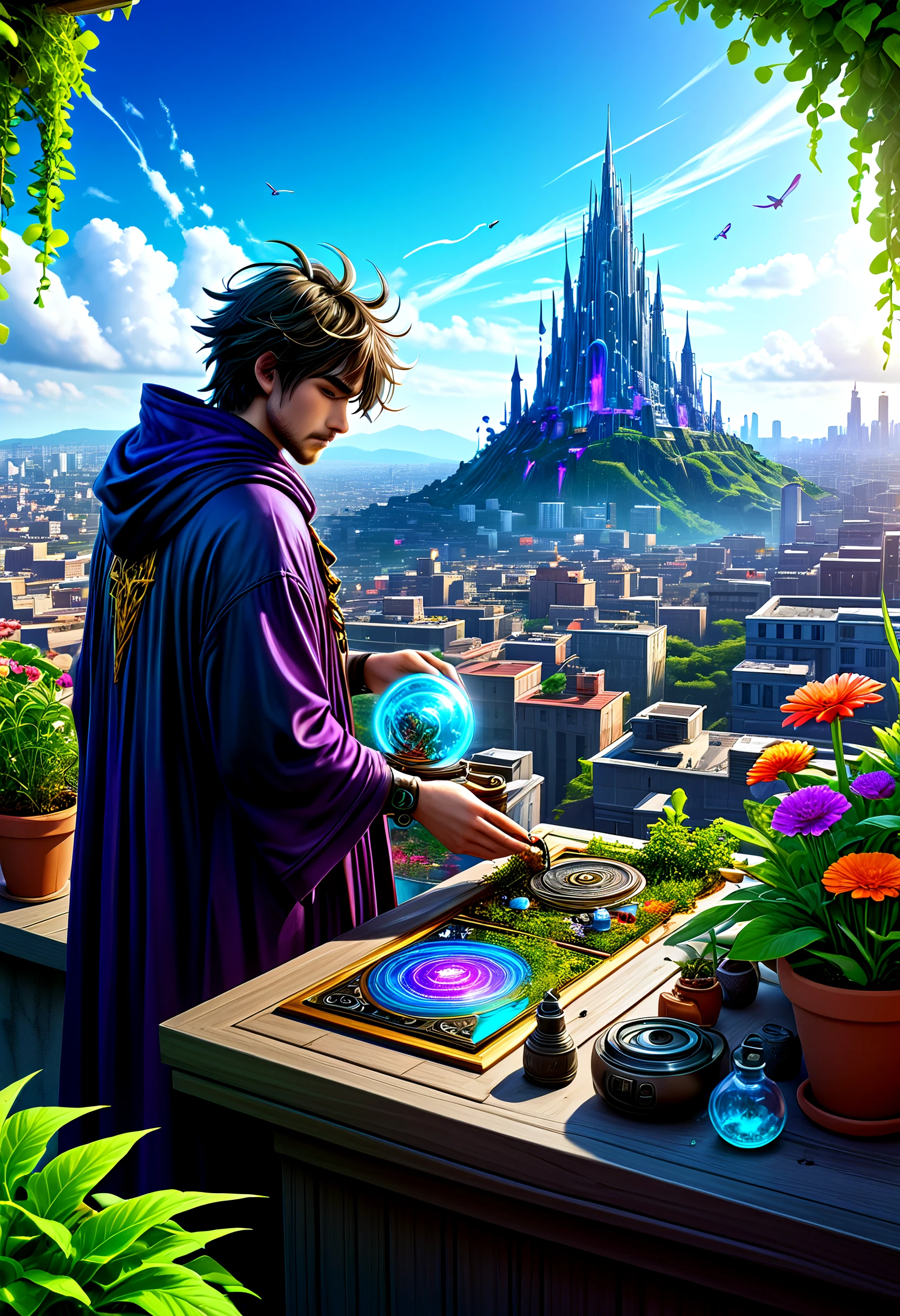 Abstract realism style with a blend of realistic elements and abstract interpretations, a Time-traveling sorcerer with mysterious artifacts at a Rooftop garden overlooking the city, ultra-fine digital painting, Gorgeous splash of vibrant paint, ais-graffiti, abstract realism, blend, realistic elements, abstract interpretations, innovative, experimental, dynamic, thought-provoking