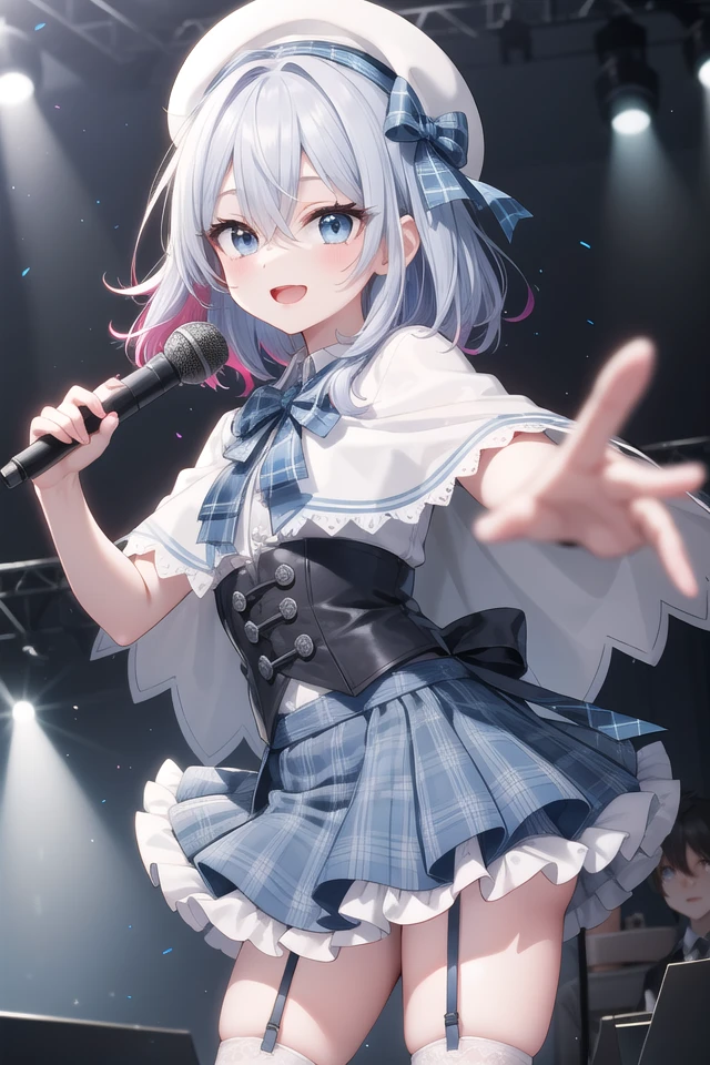 insanely detailed, absurdres, ultra-highres, ultra-detailed, best quality,
1girl, solo, nice hands, perfect hands
BREAK
(nsfw:-1.5),
(gothic drress, Idol costume:1.3), (blue and white theme:1.2), (white blouse:1.4), (white collar, tie:1.3), (open short-cape:1.3), (short sleeve:1.2), (blue tartan-check pattern (ruffle-skirt, multilayer-skirt):1.4), (white basque-beret with ribbon:1.3), (Fishnet stockings:1.3), (glove:1.2), (cleavage:-1.5)
BREAK
happy smile, laugh, open mouth, (standing, singing, dancing, holding microphone:1.4)
BREAK
,
seductive pose, cowboy shot
BREAK
slender, kawaii, perfect symmetrical face, ultra cute girl, ultra cute face, ultra detailed eyes, ultra detailed hair, ultra cute, ultra beautiful
BREAK
indoors, concert hall, idol live, crowded audience
BREAK
medium breasts
BREAK
(random color hair, multicolored hair:1.2), rainbow color eyes, messy hair, hair between eyes