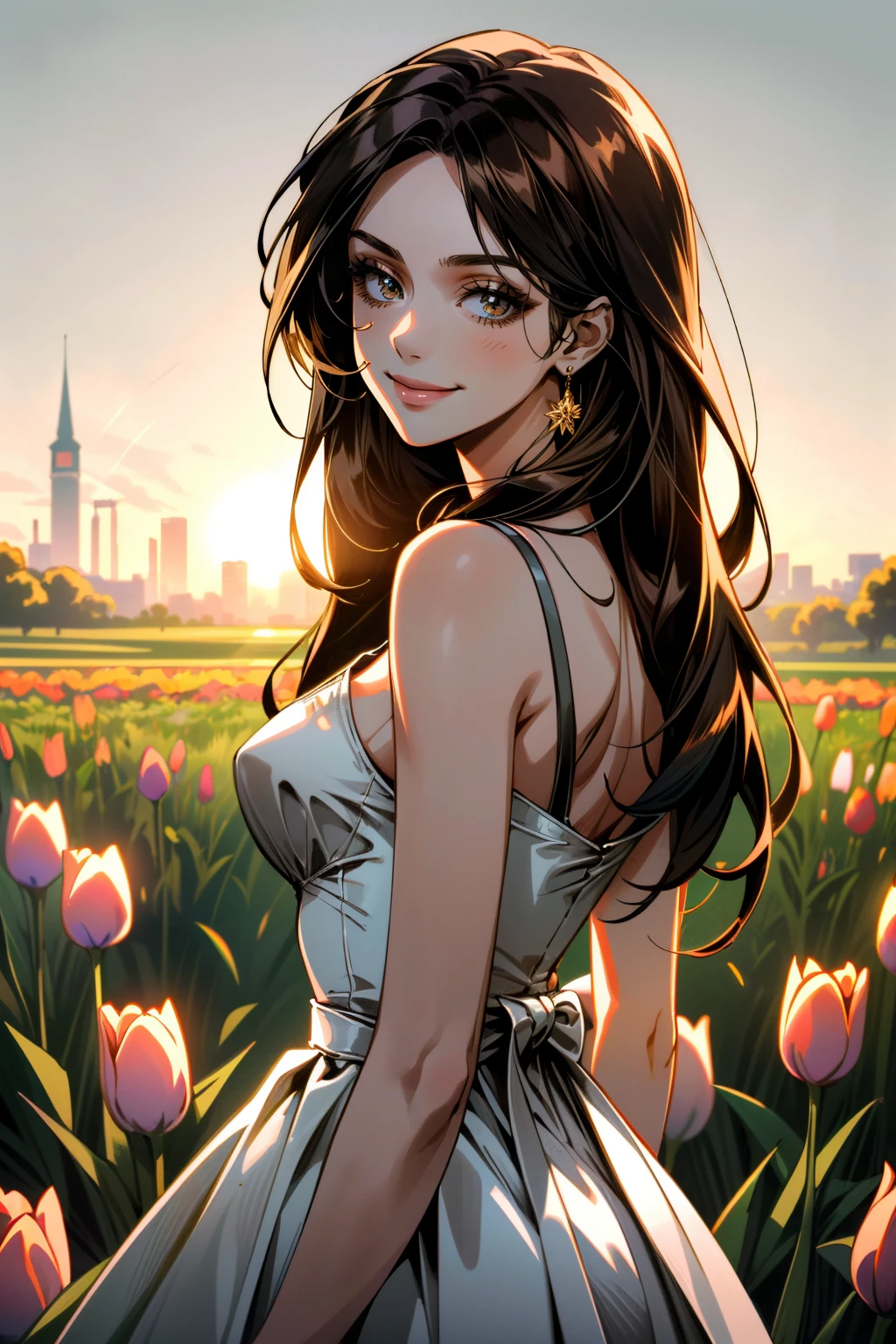 ((ultra detailed, masterpiece, absurdres))
<lora:MEDiana:0.8>
MEDiana, 1girl, long hair, brown hair, in a field of tulips, golden hour, elegant dress, smiling