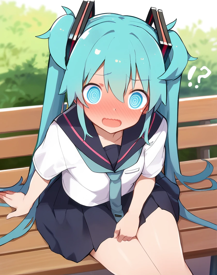 score_9, score_8_up, score_7_up,score_6_up, 1girl sitting on a park bench, (hatsune miku:0.8), open mouth, full-face blush, two side up, nervous smile, serafuku, light frown, @ @, fingers together,  <lora:caburi_style_pony6_v1-000018:1>