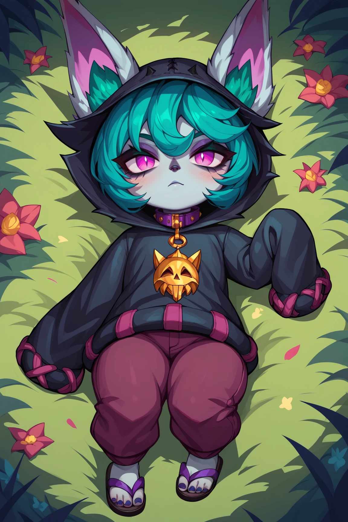 score_9, score_8_up, score_7_up, score_6_up, score_5_up, score_4_up, VexLoLXL, yordle, shortstack, pink eyes, green hair, bangs, short hair, grey skin, colored skin, black hood, hood up, ears through headwear, white animal ears, black shirt, purple collar, golden ornament, long sleeves, sleeves past wrists, purple pants, sandals, lying on grass, looking at viewer, forest, tree <lora:VexLoLXL:0.7>