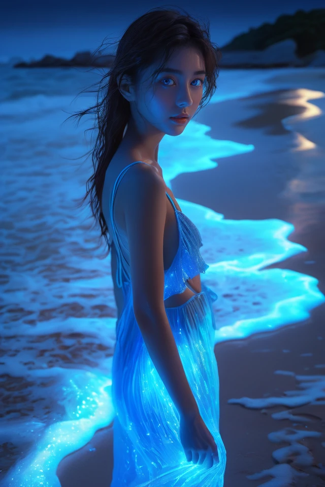 girl looking at viewer,The beach glowed blue,The water glowed blue,standing by the beach at night emitting a blue glow,artistic,
best quality,masterpiece,illustration,Amazing,finely detail,masterpiece,official art,incredibly absurdres,huge filesize,ultra-detailed,highres,extremely detailed,realistic,,<lora:Glowing_beach:0.8>