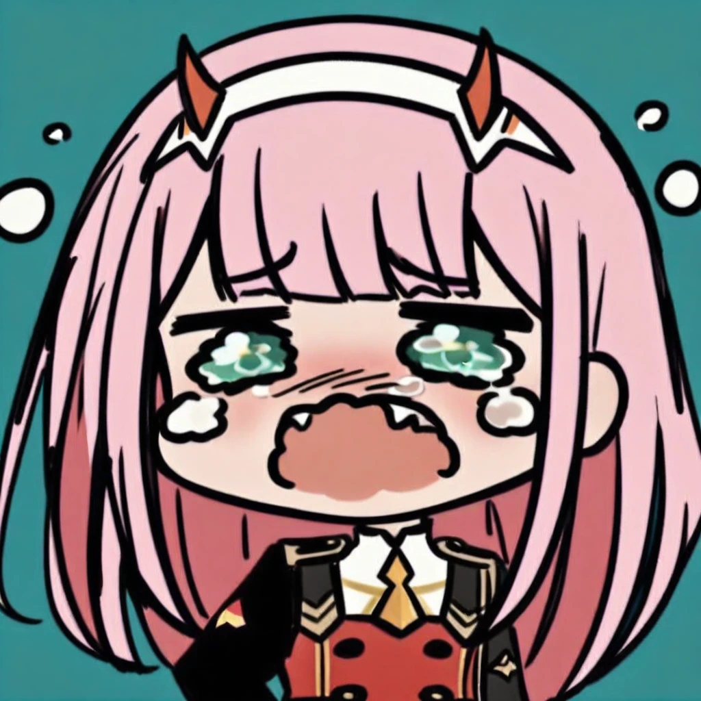 crying, chibi, (masterpiece),(best quality),1girl, aqua_background, aqua_eyes, blue_background, buttons, double-breasted, fangs, green_eyes, hairband, horns, long_hair, looking_at_viewer, military, military_uniform, necktie, pink_hair, sky, solo, tongue, tongue_out, uniform, white_hairband, zero_two_\(darling_in_the_franxx\)