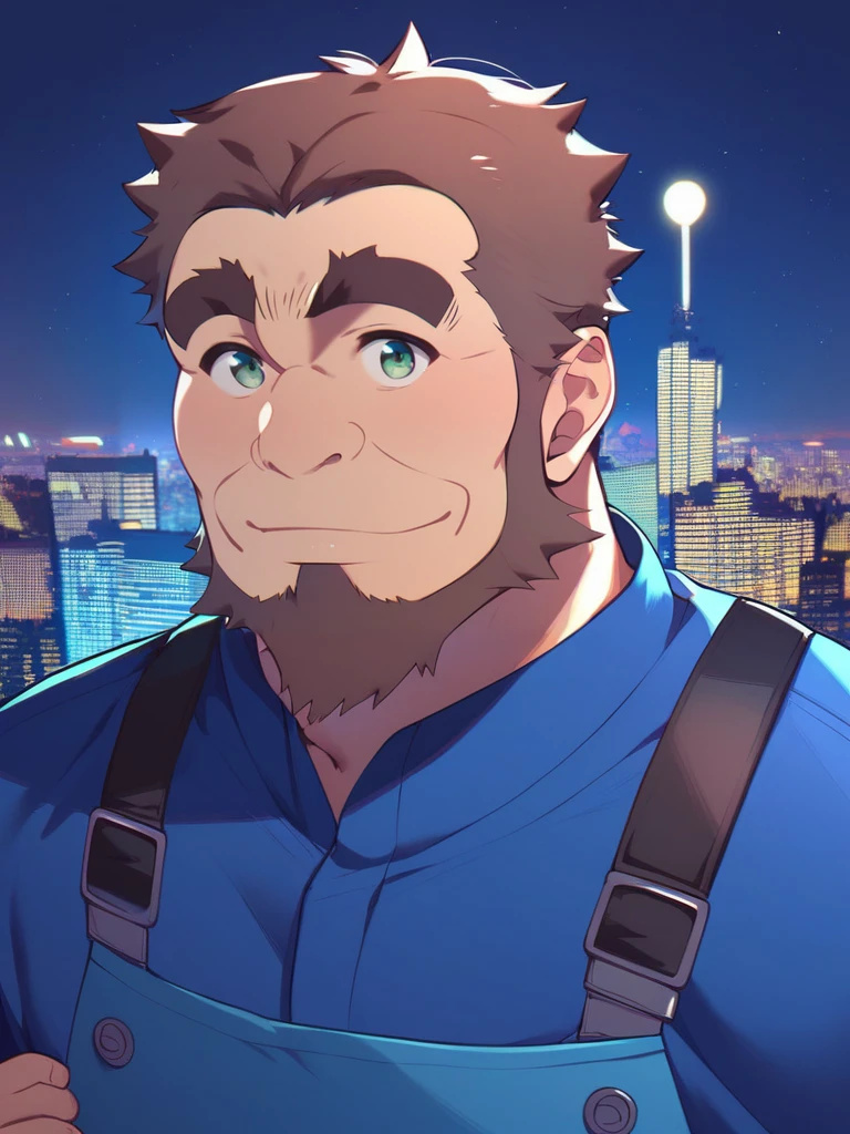 score_9, score_8_up, score_7_up, 1boy, umiyan, solo, old man, bara, manly, fat man, brown hair, short hair, beard, arm hair, green eyes, thick eyebrows, blue overalls, blue shirt, night cityscape, intricate detail, 8k, best quality, masterpiece <lora:umiyan_pony-10:1>