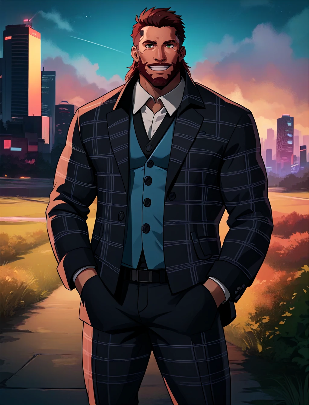 score_9, score_8_up, score_7_up, man in checkered suit, long beard, smile, hands in pockets, cyberpunk scenery <lora:FutoiAnimePony:1>