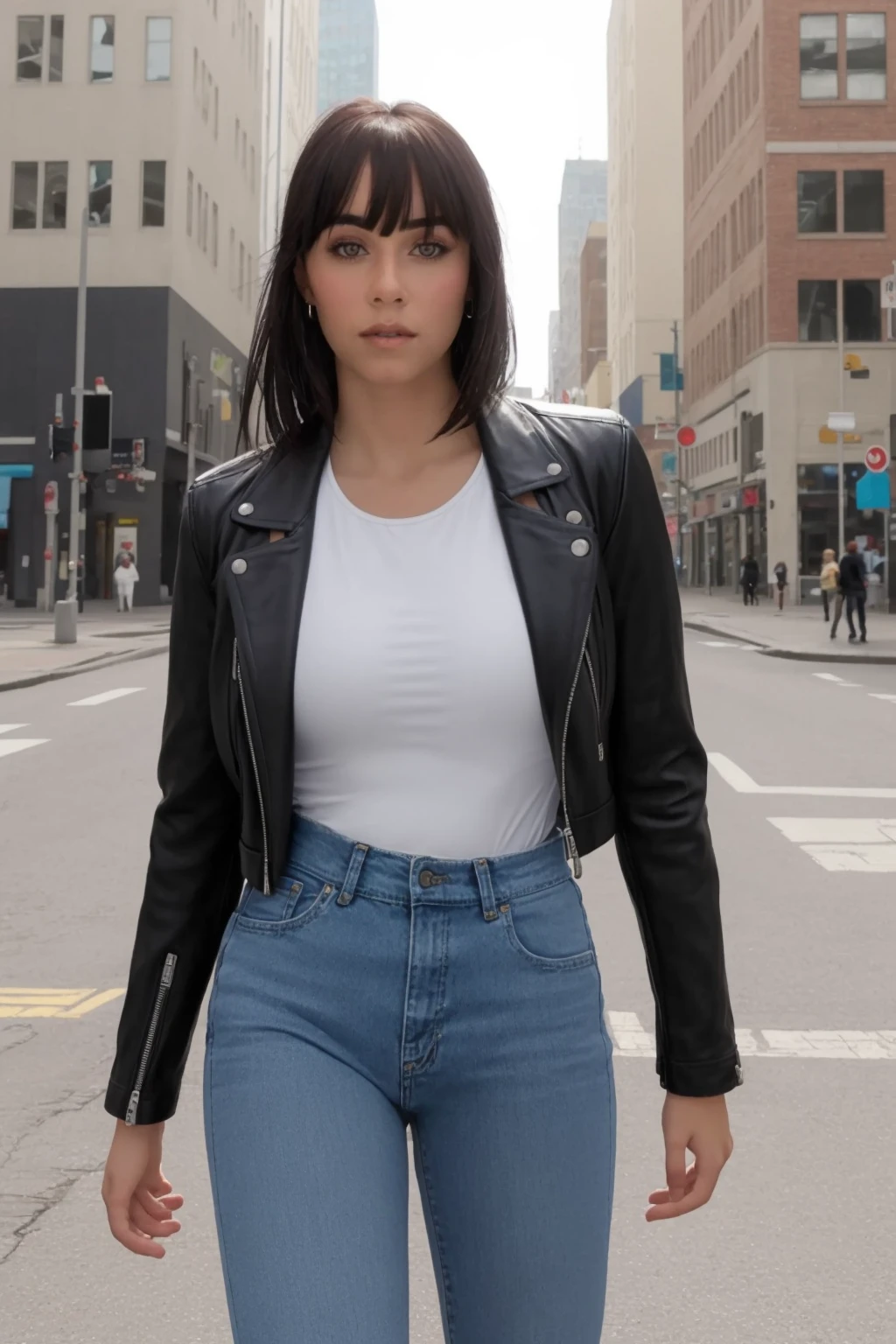 <lora:mondongo_LoRA_AitanaOcanha_v3:0.9> mndngwmn, bangs, (ultra realistic, 8k,high quality), wearing a leather jacket,white t-shirt, jeans, on a city downtown, daytime