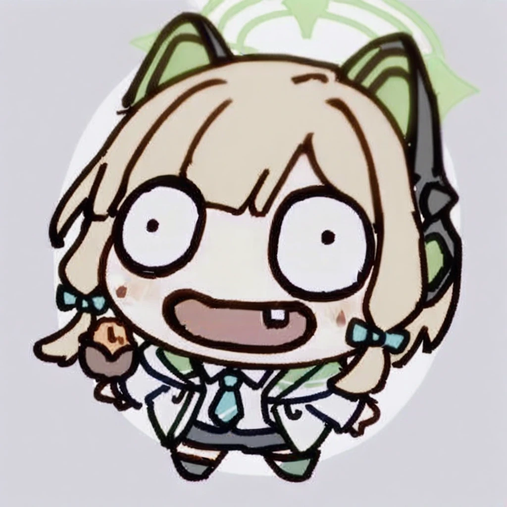 (chibi),full body,1girl,midori \(blue archive\),blue archive,aiamu iamu,holding food,holding,hooded jacket,food,sidelocks,:d,collared shirt,blurry,long sleeves,puffy sleeves,headphones,blue bow,hand up,necktie,upper body,halo,looking at viewer,jacket,sleeves past wrists,blush,nail polish,blue necktie,animal ear headphones,blurry background,blonde hair,shirt,green eyes,hood down,open clothes,depth of field,hood,smile,white jacket,fake animal ears,bow,puffy long sleeves,open jacket,solo,dress shirt,animal ears,white shirt,blue nails,hair bow,long hair,drawstring,sweet potato,