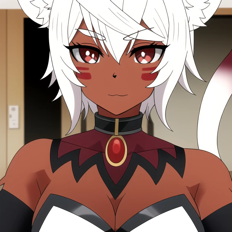 (score_9,score_8_up,score_7_up,score_6_up,source_anime,best best quality,perfect face,bright pupils,(finely detailed beautiful eyes),),incredibly absurdres,absurdres,highres,huge filesize,full_shot,cowboy_shot,uruminasu,White hair,brown skin,cat ears,cat tail,white cat tail,red eyes,<lora:1747504464627414178:0.6>,