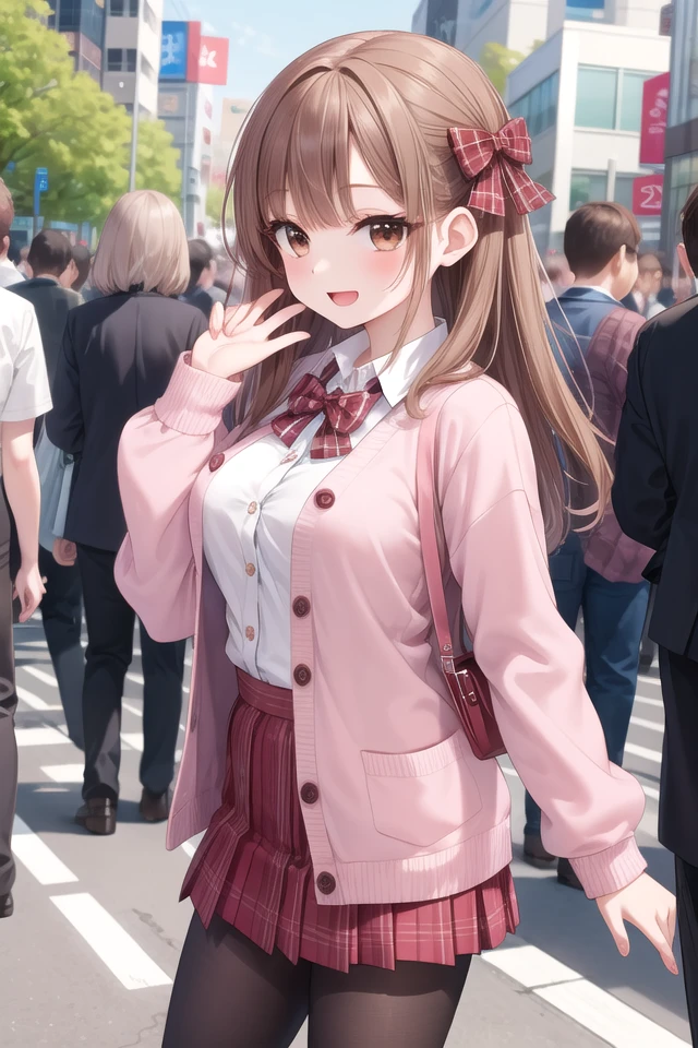 insanely detailed, absurdres, ultra-highres, ultra-detailed, best quality,
1girl, solo, nice hands, perfect hands
BREAK
(School Uniforms:1.2), (pink cardigan is fit body:1.4), ((do up a buttons, not loose):1.5), ((long sleeve, sleeves past wrists):1.2), (inner wear is white collared-shirt:1.3), (red plaid-pattern bow:1.3), (red plaid-pattern pleated skirt:1.3), ((dark-brown pantyhose, loafers):1.2)
BREAK
happy smile, laugh, open mouth, standing,
from side,
cute pose, cowboy shot
BREAK
slender, kawaii, perfect symmetrical face, ultra cute girl, ultra cute face, ultra detailed eyes, ultra detailed hair, ultra cute, ultra beautiful
BREAK
in harajuku, shibuya, tokyo, street, crowd, cityscape
BREAK
medium large breasts,
(brown hair, brown eyes), hime cut
