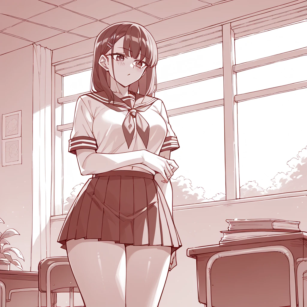 score_9, score_8_up, score_7_up, score_6_up,  source_anime,  red monochrome, monochromatic, indoors,  1girl, school uniform, thighs,<lora:EKZ-Style_Pony_XL:1>,