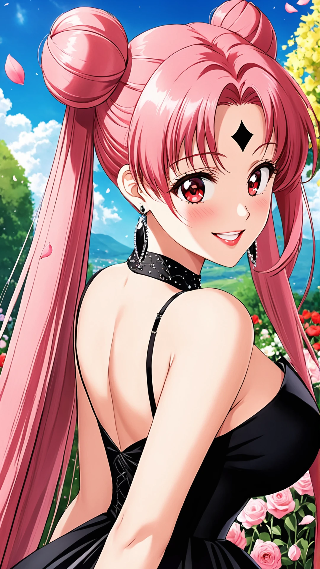 Black Lady, Pink Hair, Very Long Hair, Two Hair Buns, scarlet eyes, eyes like glass balls, Black Crystal Earrings, Facial Mark, Lipstick, Big Breasts, long black dress with a slit, red high heels,
score_9, score_8_up, score_7_up, score_6_up, score_5_up, source_anime, cowboy shot, dynamic pose, 1 girl, solo, happy smile joy, blush, ashamed, shy, sexy, charming, alluring, seductive, enchanting, erotic,
(outdoors), (flower garden), (flowers), (many flowers), spring petals, petals of flowers, spring, falling petals, flying butterflies<lora:EMS-373783-EMS:0.800000>