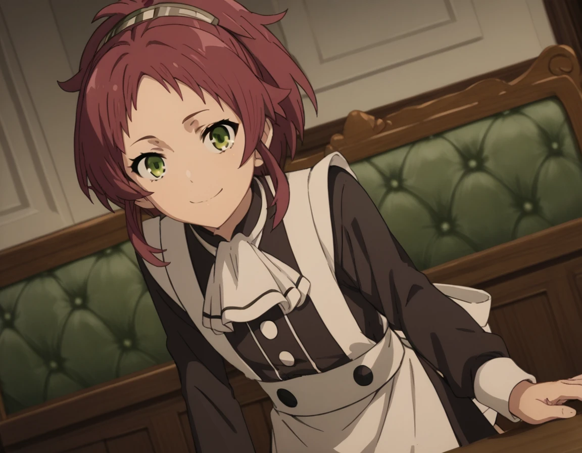 score_9, score_8_up, score_7_up, source_anime,
aishagreyrat, <lora:aisha-greyrat-s2-ponyxl-lora-nochekaiser:1>,
aisha greyrat, green eyes, ponytail, red hair,
long sleeves, apron, maid, ascot, white apron, white ascot,
indoors, bent over, smile,
solo, dutch angle, looking at viewer, cowboy shot,