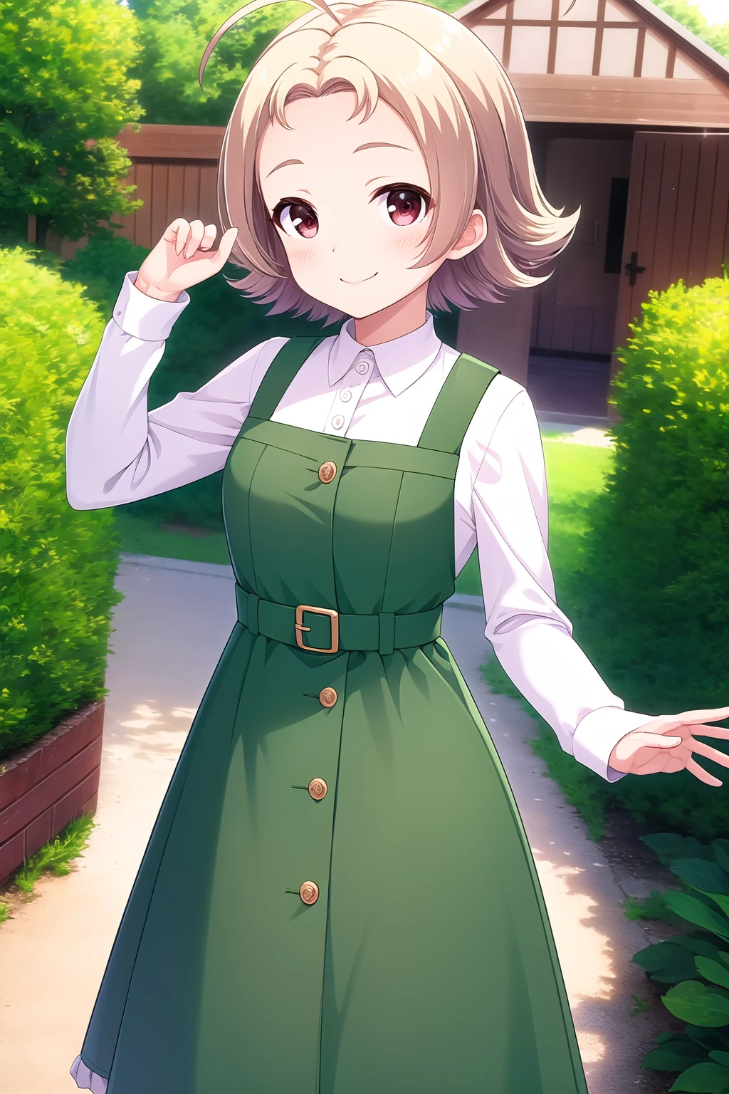 (masterpiece, best quality), highly detailed background, perfect lightingbest quality, narusemanami, solo, outdoors, garden, blonde hair, ahoge, parted bangs, forehead, flipped hair, short hair, red eyes, medium breasts, green dress, pinafore dress, white shirt, long sleeves, belt, smile, closed mouth, :), pink lips, <lora:Naruse-Manami:0.7>