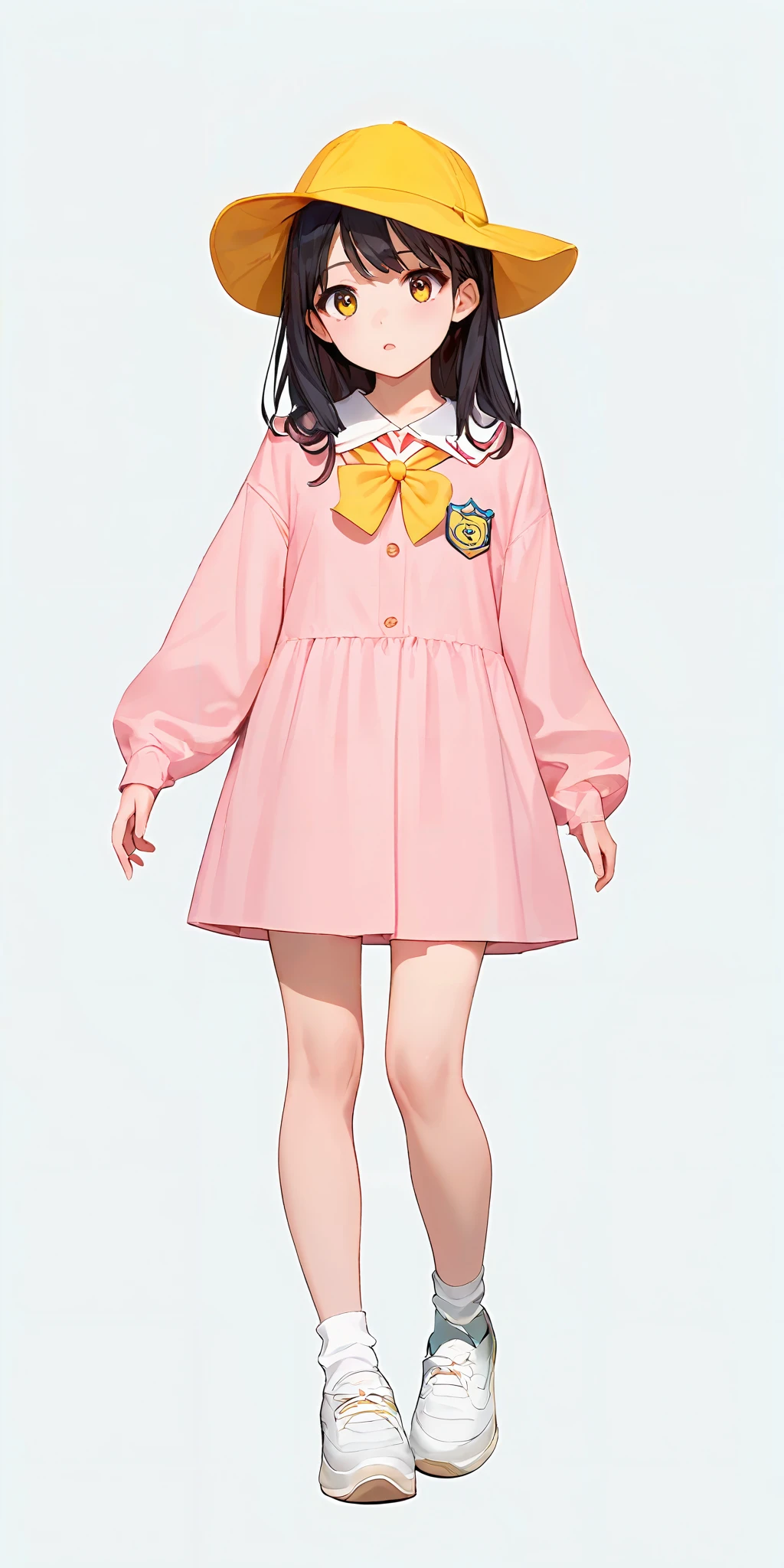 score_9, score_8_up, score_7_up,source_anime, high res image,masterpiece,best quality,girl,cute face,simple background, <lora:youchien_Pony_V1.0:0.8> jyojifuku, pink dress, yellow school hat,white socks,white shoes