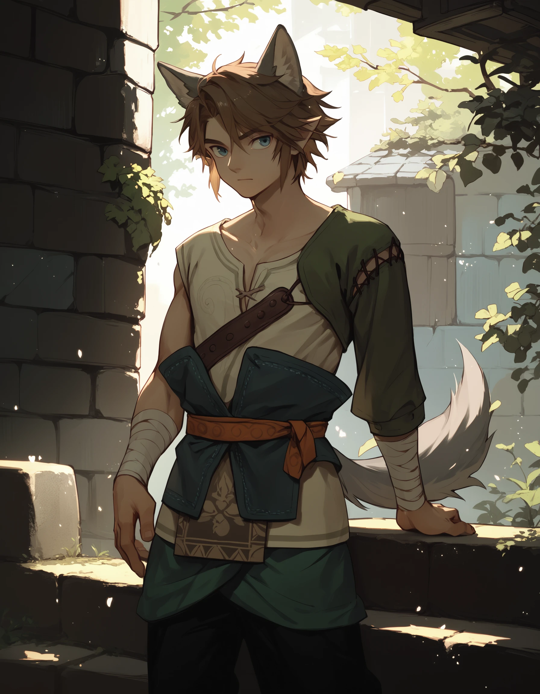score_9, score_8_up, score_7_up, score_8, score_7, 1boy, tprdnlnk, asymmetrical sleeves, wolf boy, wolf ears, wolf tail, black fur, gray ears, grey tail, brown hair,
sunlight, light particles,
<lora:tp_ordon_link_tprdnlnk_ponyxl_v1-000130:0.9>