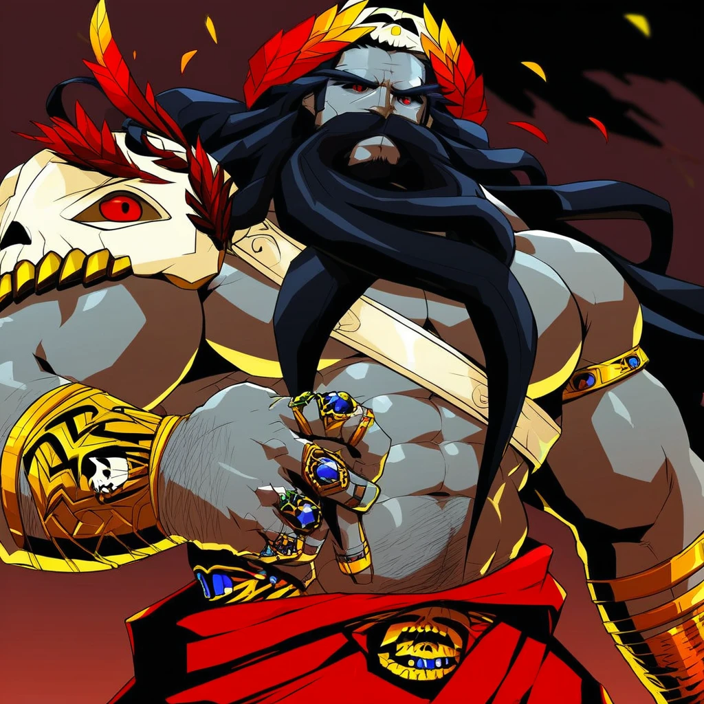 facial hair, jewelry, ring, long hair, stomach, red eyes, skull, male focus, muscular, bara