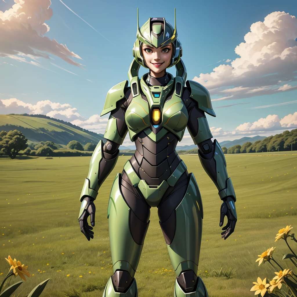 (Smiling) woman standing in a field wearing sleek high-tech green power armor on a summer day, masterpiece, best quality, high quality,<lora:Versatile_HD_Power_Armor_For_SD_1.5:0.5>, <lora:balanced lighting image enhancer v1.04:0.3>, <lora:SDXLrender_v2.0:0.3>