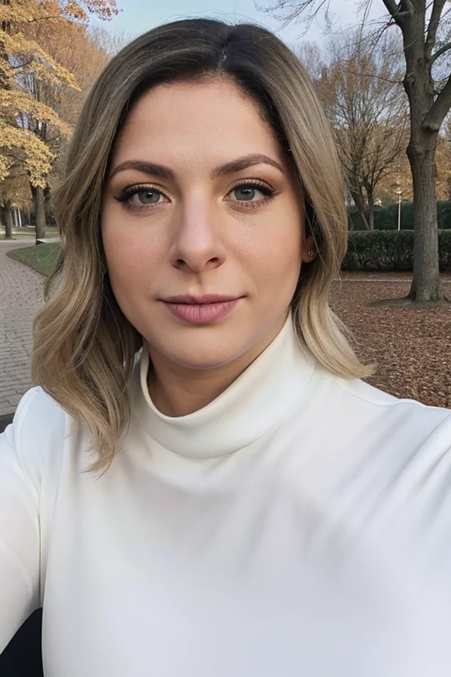 Portrait photo of d4n13l4l1m4 woman, white turtleneck blouse, sharp, high definition, photograph, in a park