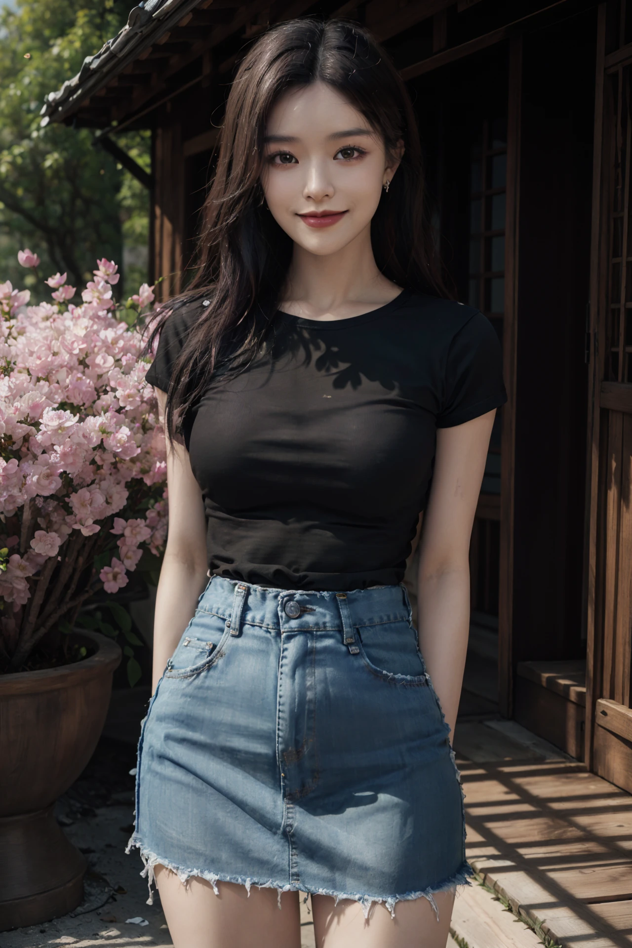 (4k, best quality, highres, absurdres, masterpiece:1.21), (realistic:1.331), detailed and intricate,
cinema light, (authentic skin texture:1.3),
1girl, perfect body, medium breasts, shiny skin,
light smile, arms behind back,
t-shirt, denim skirt, tight clothes, tight-fitting,
courtyard, flower, petals, lotus, wooden house, stone,
<lora:add_detail:0.3>, <lora:girlslike_wys:0.8>