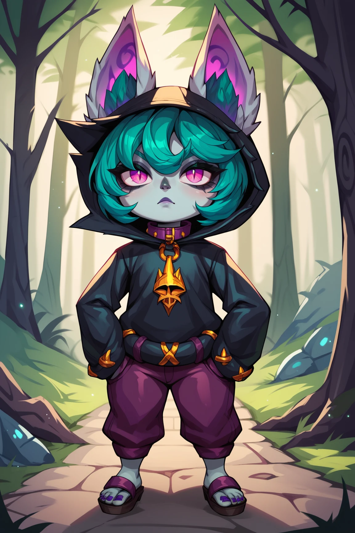 score_9, score_8_up, score_7_up, score_6_up, score_5_up, score_4_up, VexLoLXL, yordle, shortstack, pink eyes, green hair, bangs, short hair, grey skin, colored skin, black hood, hood up, ears through headwear, white animal ears, black shirt, purple collar, golden ornament, long sleeves, sleeves past wrists, purple pants, sandals, standing, arms on hip, looking at viewer, forest, tree <lora:VexLoLXL:0.7>