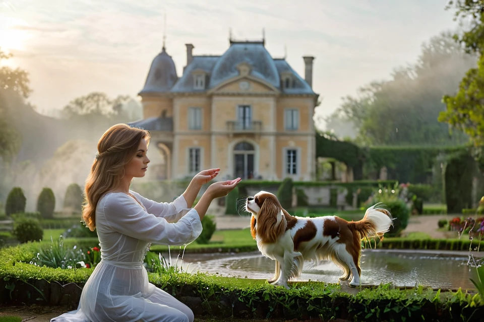 <lora:Noble_Dogs_XL-000025:0.9>  NOBLEDOGS_CKCS, remarkable ultra-realistic portrait of an elegant victorian mature woman woman who is playing with (cavalier person spaniel dog:1.3) in early morning noble garden in front of foggy French landscape with luxurious mansion in background fog, woman presenting her artistic hands which have anatomically correct five fingers BREAK ([(3d game concept with ground made of voronoi-shaped prismatic voxels:1.2) : ultra-realistic organic shapes with wet surface and reflections :0.42]:1.4), art by mooncryptowow, (dreamy natural morning light with rim lighting and soft focus and light leaks with shallow dof and swirly bokeh, view from_below, low angle view:1.1), (masterpiece, award winning artwork), many details, extreme detailed, remarkable