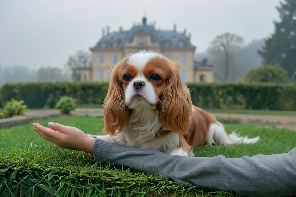 <lora:Noble_Dogs_XL_CKCS_E27:0.9>  NOBLEDOGS_CKCS, remarkable ultra-realistic portrait of an elegant victorian mature woman woman who is playing with (cavalier person spaniel dog:1.3) in early morning noble garden in front of foggy French landscape with luxurious mansion in background fog, woman presenting her artistic hands which have anatomically correct five fingers BREAK ([(3d game concept with ground made of voronoi-shaped prismatic voxels:1.2) : ultra-realistic organic shapes with wet surface and reflections :0.42]:1.4), art by mooncryptowow, (dreamy natural morning light with rim lighting and soft focus and light leaks with shallow dof and swirly bokeh, view from_below, low angle view:1.1), (masterpiece, award winning artwork), many details, extreme detailed, remarkable