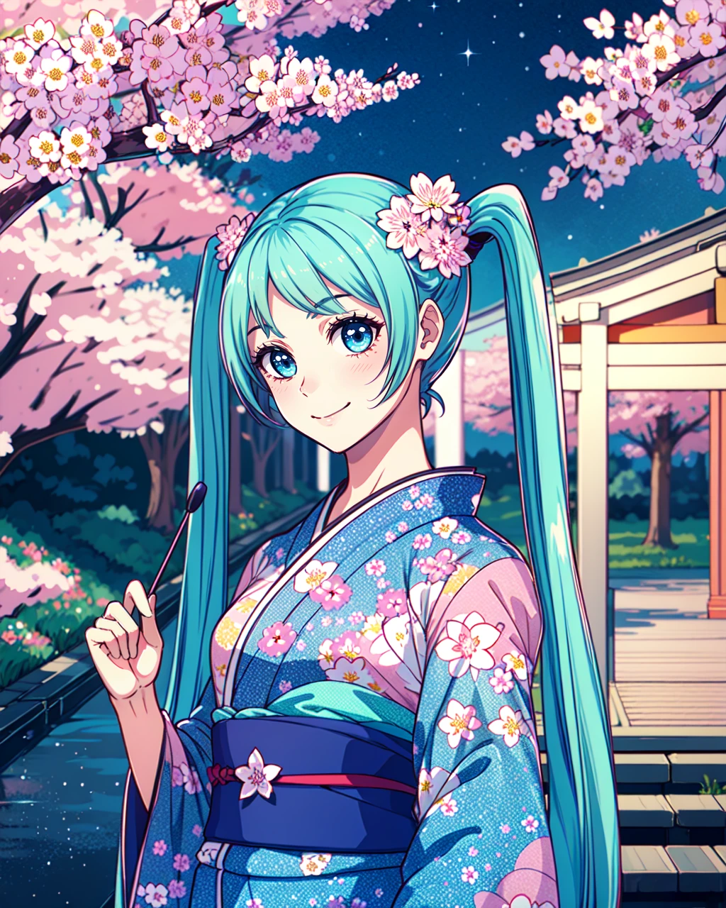 masterpiece, high quality, 1girl, blmasha, medium shot, detailed, upper body,blue eyes, blue hair, twintails, blue kimono with flower print, light smile, outdoors, night, shrine, sky, stars, cherry blossoms, sakura, <lora:blmasha-04:0.7>,  <lora:add_detail:0.15>