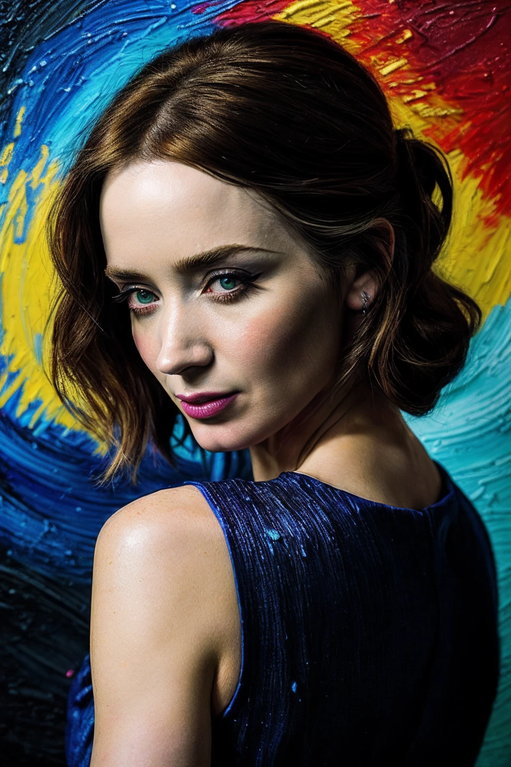 EmilyB_SoloTI_v1,
Vibrant and expressive attire, capturing the essence of Van Gogh's brushstrokes, bold and dynamic pose, close-up shot, (digital, vivid and textured colors, brushstroke effect), (Artistic Studio, Creative space with paint-splattered walls, easels, and a sense of artistic inspiration), intense and soulful eyes, a hint of mystery and depth in the expression, artistic and vibrant lips, (captivating gaze: 1.1), unique and artistic accessories, (expressive shot: 1.3), (dramatic and directional lighting, highlighting the features and adding depth to the portrait in a style reminiscent of Van Gogh's artistic vision),
<lora:add_detail:0.6>,<lora:LowRa:0>