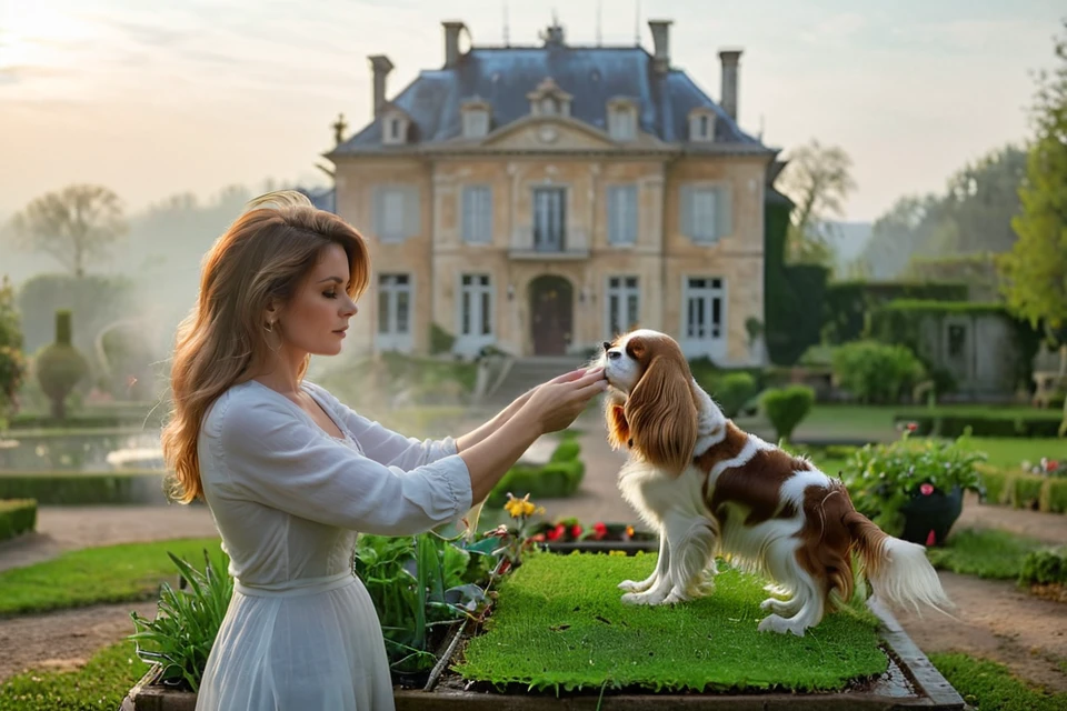 <lora:Noble_Dogs_XL-000025:0.9>  NOBLEDOGS_CKCS, remarkable ultra-realistic portrait of an elegant victorian mature woman woman who is playing with (cavalier person spaniel dog:1.3) in early morning noble garden in front of foggy French landscape with luxurious mansion in background fog, woman presenting her artistic hands which have anatomically correct five fingers BREAK ([(3d game concept with ground made of voronoi-shaped prismatic voxels:1.2) : ultra-realistic organic shapes with wet surface and reflections :0.42]:1.4), art by mooncryptowow, (dreamy natural morning light with rim lighting and soft focus and light leaks with shallow dof and swirly bokeh, view from_below, low angle view:1.1), (masterpiece, award winning artwork), many details, extreme detailed, remarkable