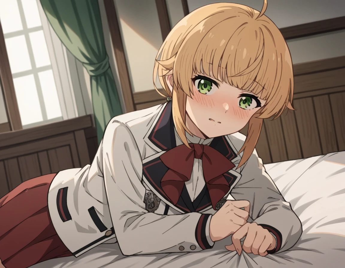 score_9, score_8_up, score_7_up, source_anime,
norngreyrat, <lora:norn-greyrat-s2-ponyxl-lora-nochekaiser:1>,
norn greyrat, bangs, blonde hair, green eyes, ahoge,
long sleeves, bow, school uniform, jacket, bowtie, red bow, skirt, red skirt, white jacket,
indoors, bed, bed room, on side, blush, drunk,
solo, dutch angle, looking at viewer, cowboy shot,