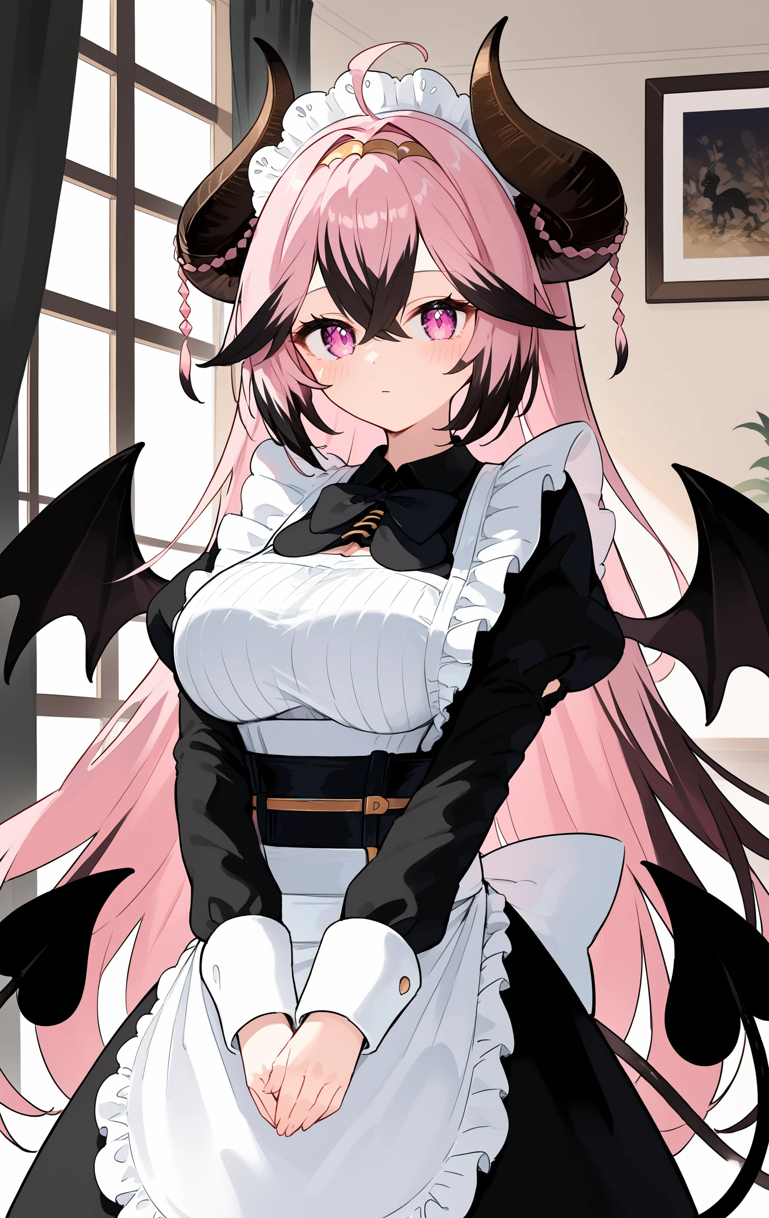 score_9,score_8_up,score_7_up,score_6_up,purple eyes,1girl,horns,solo,breasts,wings,maid,apron,hairband,ahoge,large breasts,window,long hair,multicolored hair,pink hair,looking at viewer,maid headdress,tail,long sleeves,black hair,puffy sleeves,blush,curtains,dress,pink eyes,white apron,maid apron,demon girl,bangs,closed mouth,indoors,bow,bowtie,two-tone hair,frills,hair between eyes,own hands together,frilled apron,purple eyes,cowboy shot,streaked hair,enmaided,standing,low wings,very long hair,back bow,hair on horn,v arms,waist apron,corset,<lora:DemonMadV1:1>,