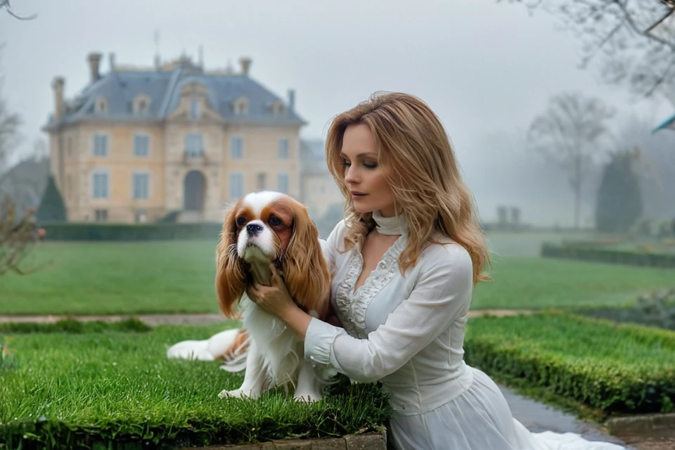 <lora:Noble_Dogs_XL_CKCS_E27:0.9>  NOBLEDOGS_CKCS, remarkable ultra-realistic portrait of an elegant victorian mature woman woman who is playing with (cavalier person spaniel dog:1.3) in early morning noble garden in front of foggy French landscape with luxurious mansion in background fog, woman presenting her artistic hands which have anatomically correct five fingers BREAK ([(3d game concept with ground made of voronoi-shaped prismatic voxels:1.2) : ultra-realistic organic shapes with wet surface and reflections :0.42]:1.4), art by mooncryptowow, (dreamy natural morning light with rim lighting and soft focus and light leaks with shallow dof and swirly bokeh, view from_below, low angle view:1.1), (masterpiece, award winning artwork), many details, extreme detailed, remarkable