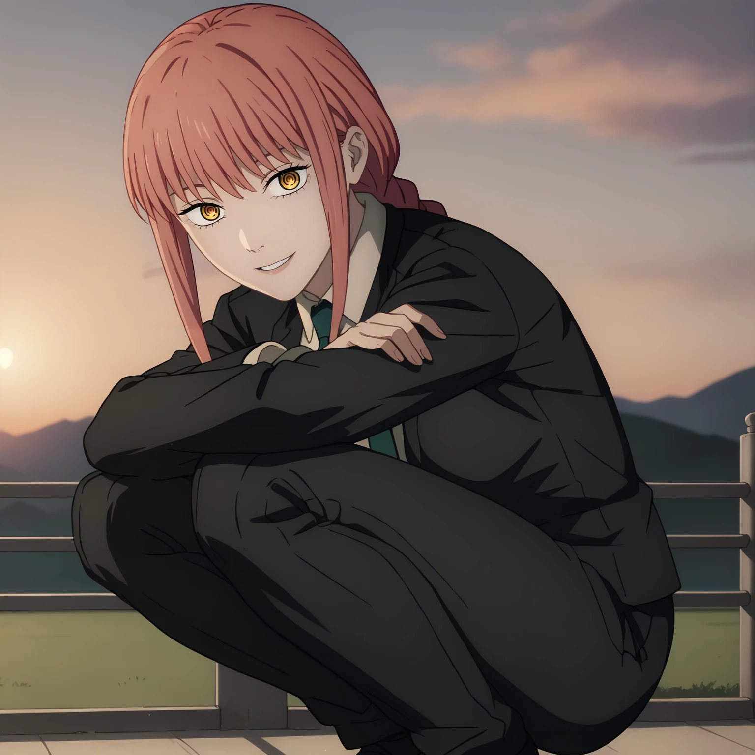 <lora:MakimaXLpony001>,
looking at viewer,parted lips,
solo,
Makima,1girl,pink hair,braid,yellow eyes,
medium breasts,
black suit,necktie,
black pants,
squatting,sunset,smile,