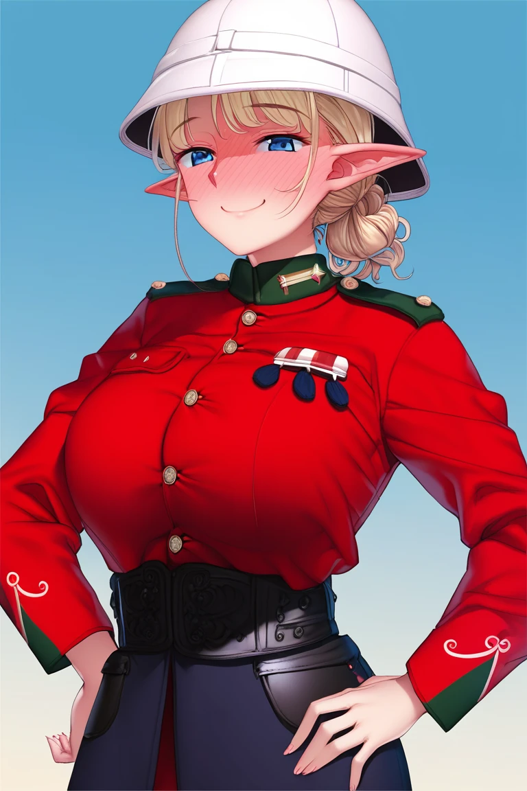 score_9,score_8_up,score_7_up,artbook,game cg,1girl,solo,mature female,milf,large breasts,long wavy blonde hair,blue eyes,smile,naughty face,full-face blush,military_uniform,military,uniform,red_jacket,hat,black pith helmet,safari helmet,sun helmet,home service helmet,redcoat,military_uniform,victorianera,narrow waist,large breasts,blonde hair,blue eyes,smile,full-face blush,pointy ears,elf,upper body,cowboy shot,hand on hip,<lora:redcoatXLv1:1>,<lora:Koume_Keito_PonyXL_dim32:0.8:lbw=0.8,0,0,0,0,0,0.8,0.8,0.8,0.8,0.8,0.75>,