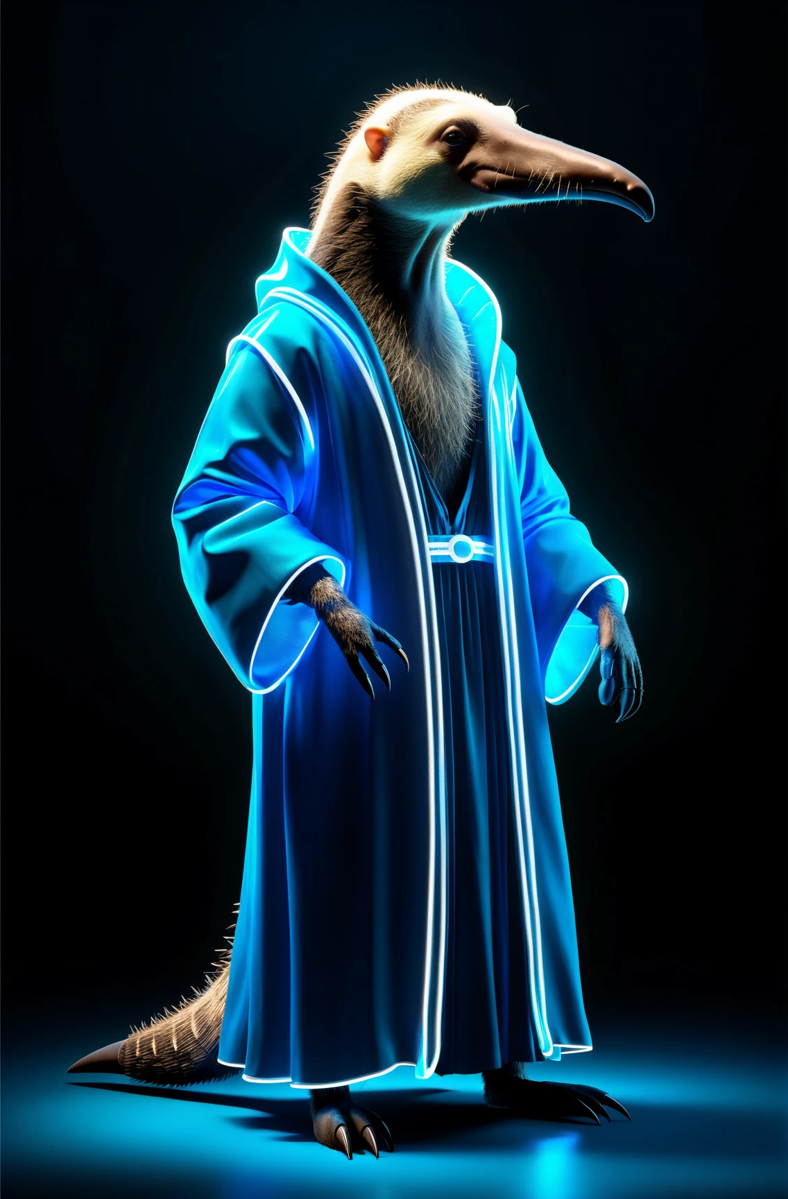 Anteater glowing neon blue gown, Realistic style