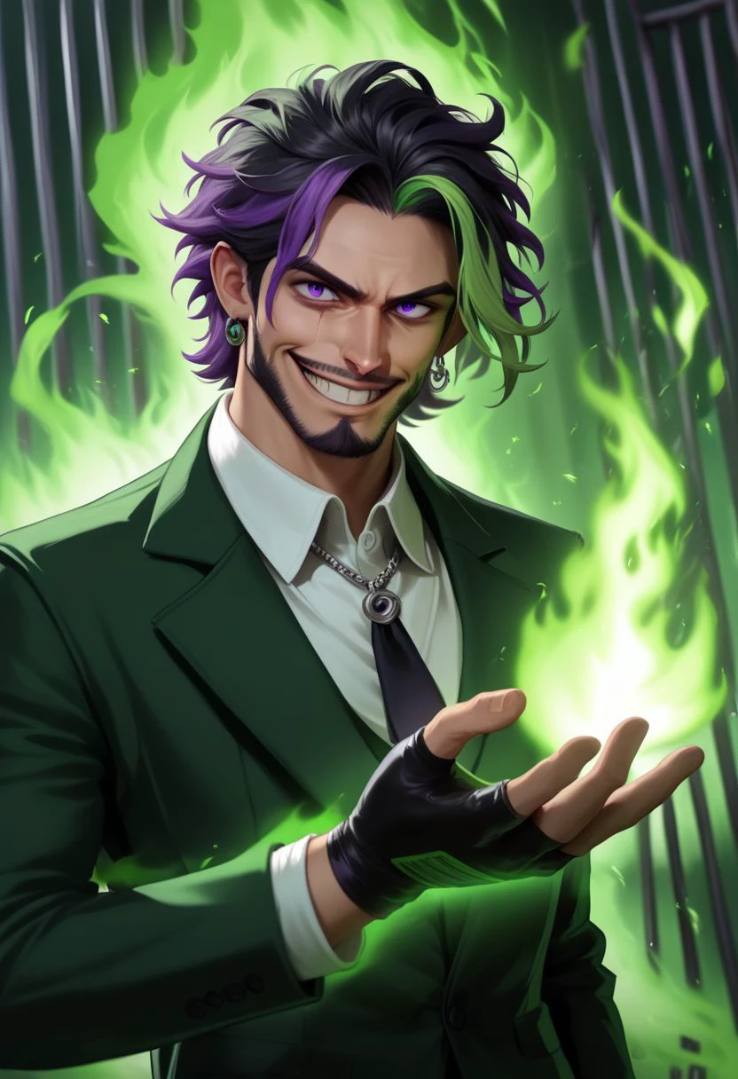 njsxzs, male focus, 1boy, facial hair, solo, beard, smile, gloves, green hair, two tone hair, multicolored hair, black hair, purple hair, white shirt, looking at viewer, black gloves, grin, jewelry, collared shirt, jacket, formal, mature male, necktie, purple eyes, necklace, depth of field, suit, prison clothes, upper body, scar, holding, fingerless gloves, earrings, white shirt, magic, green fire, flames, green theme, neon, green, slime tutorial, beetlejuice inspired, underworld vibes, realistic, liminal horror, slime (substance), realistic,  zPDXL