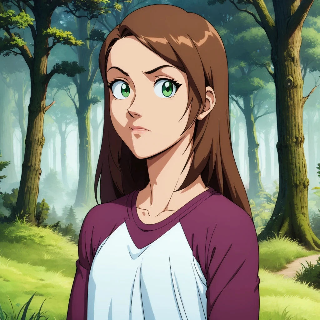 1girl, solo, Diana,  long hair,  brown hair,  long sleeves,  green eyes, shirt, raglan sleeves, blue pants,  <lora:Diana_Lombard_Leaf1:0.8>, portrait, looking at viewer, forest,