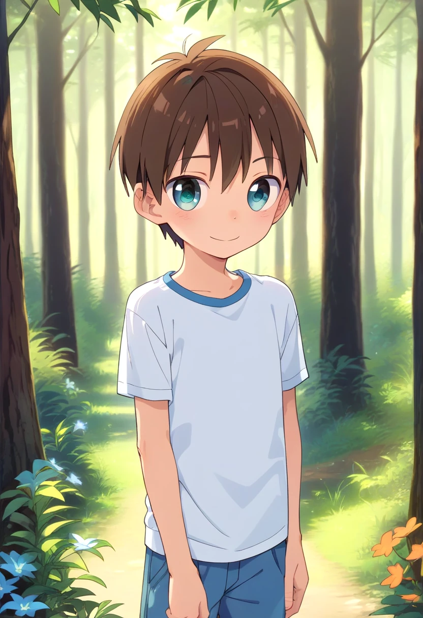 score_9, score_8_up, score_7_up, detailed eyes, forest, BREAK
straight on shot, standing,  <lora:PerfectEyesXL:0.8> perfecteyes,
 <lora:cutifiedanimecharacterdesign_variant_type_D_PonyXL_v10:0.7> 1boy, type-d,brown hair, shirt,  petite, young, solo
 smile || bright smile,
full shot,bagpack