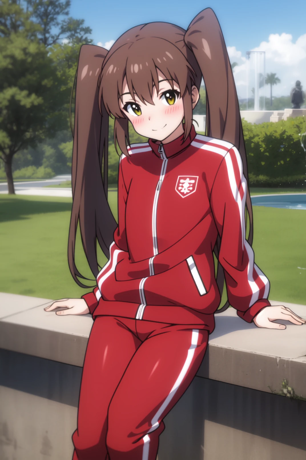 solo, masterpiece, best quality, outdoors, looking at viewer, smile, closed mouth, blush, standing, moa, yellow eyes, brown hair, long hair, twintails, red jacket, track jacket, track suit, red pants, track pants, long sleeves, sitting