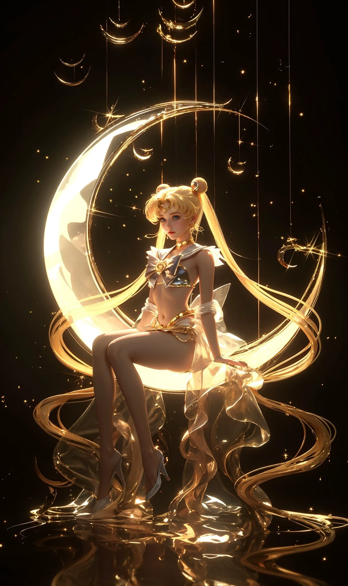 (8k, RAW photo, highly detailed,masterpiece, highest quality),rich colors,high contrast,film still,full shot body photo of the most beautiful artwork in the world,cinematic light,fantasy,highres,(detailed face),
xuer Sailor Moon,1girl,long hair,tsukino usagi,blonde hair,solo,twintails,very long hair,crescent,sitting,jewelry,facial mark,blue eyes,hair bun,crescent facial mark,double bun,absurdly long hair,full body,crescent moon,bow,bangs,earrings,moon,breasts,forehead mark,hair ornament,high heels,navel,white bow,closed mouth,black background,
high gloss,extremely beautiful skin,natural skin texture,(pale skin, real_skin),(Milky skin:1.2),(shiny skin:1.5),
<lora:xuer Sailor Moon_20240329152018:0.8>,