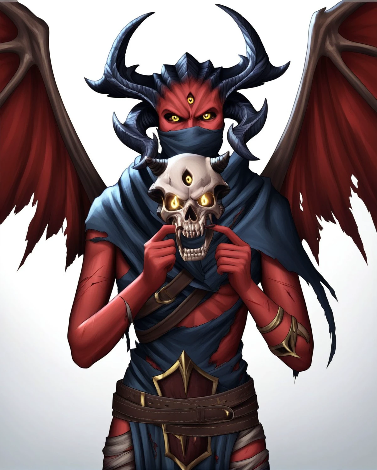 score_8,score_7,source_furry, 
(Masterpiece), (Best Quality), (Hi Res),
<1girl:1.5>,
<solo:2.5>,
unknown_mh, metal_hellsinger, skull, wings, horns, holding skull, holding, white background, solo, red skin, yellow eyes, demon wings, torn clothes, 1girl, simple background, demon horns, demon, female focus, colored skin, looking at viewer, belt, colored sclera
covered mouth,
 <lora:Unknown_Metal_Hellsinger_Pony_SDXL:1> unknown_mh,, angry,
teeth,
clenched teeth,
pop vein,