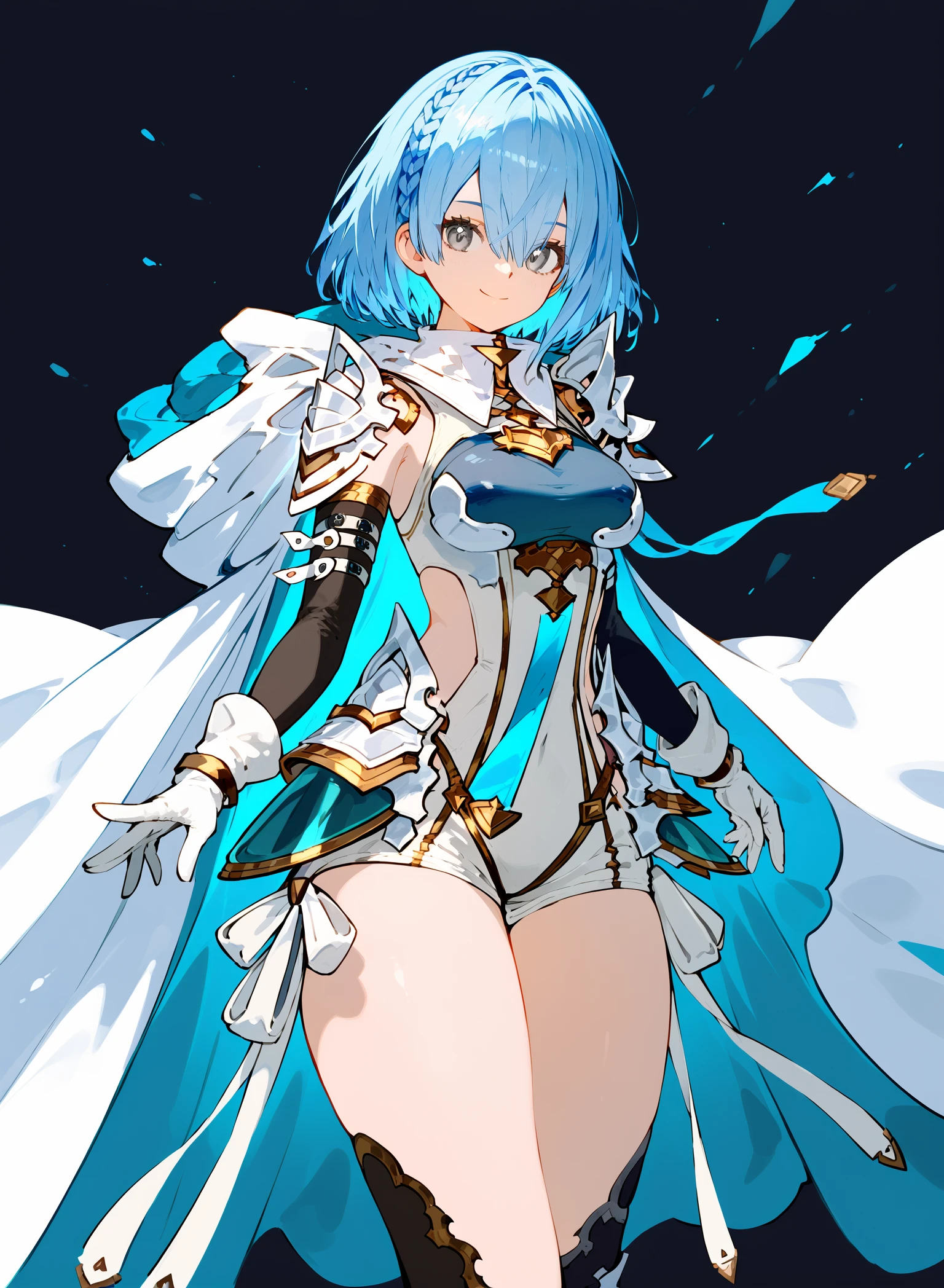 score_9,score_8_up,score_7_up,score_6_up,1girl,solo,gloves,thighhighs,looking at viewer,short hair,blue hair,cape,shorts,braid,armor,breasts,short shorts,elbow gloves,white gloves,hair between eyes,closed mouth,hood down,bangs,asymmetrical clothes,standing,shoulder armor,smile,white cape,asymmetrical legwear,pauldrons,thighs,medium breasts,cowboy shot,grey eyes,black thighhighs,hair ornament,small breasts,uneven legwear,simple background,<lora:Soraitse-nnV2:1>,