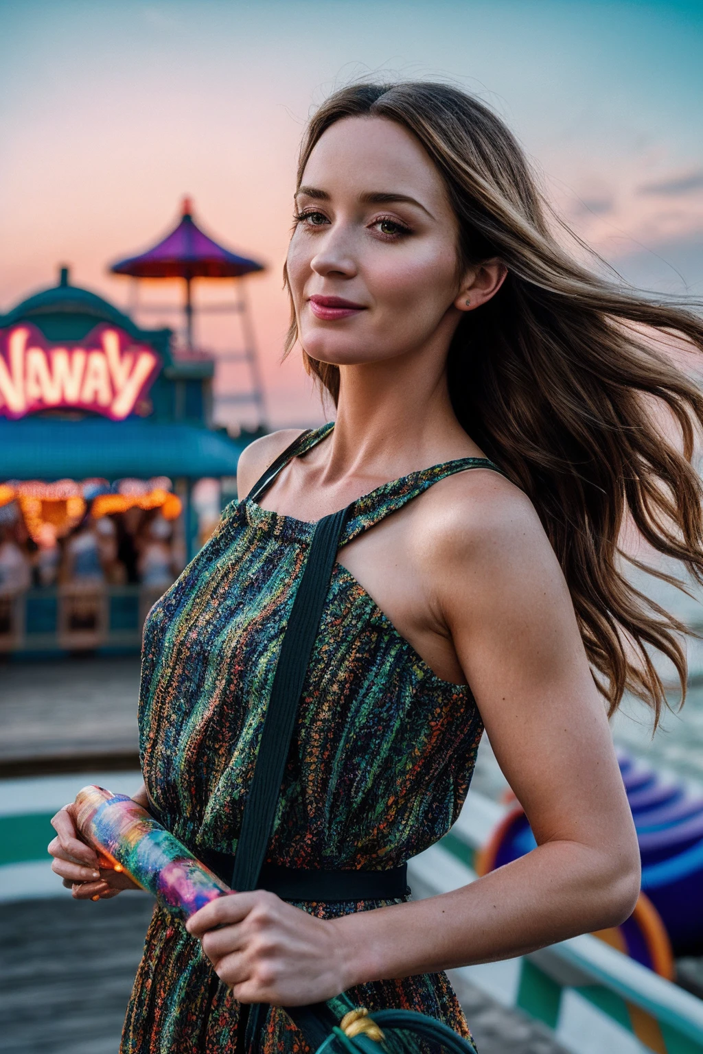 EmilyB_SoloTI_v1,
(Flowy floral dress with a cinched waist, paired with a woven straw tote bag, hair styled in loose beach waves), (Seaside boardwalk bustling with tourists and locals, the sound of seagulls and crashing waves, the aroma of saltwater taffy and funnel cakes, the colorful glow of amusement park rides against the twilight sky: 1.3), (seductive:1.3),photorealistic, masterpiece, high quality, artistic, unique, award winning photograph, professional, 8k, RAW photo, best quality,flattering,
<lora:add_detail:0.6>,<lora:LowRa:0>, PA7_Portrait-MCU,