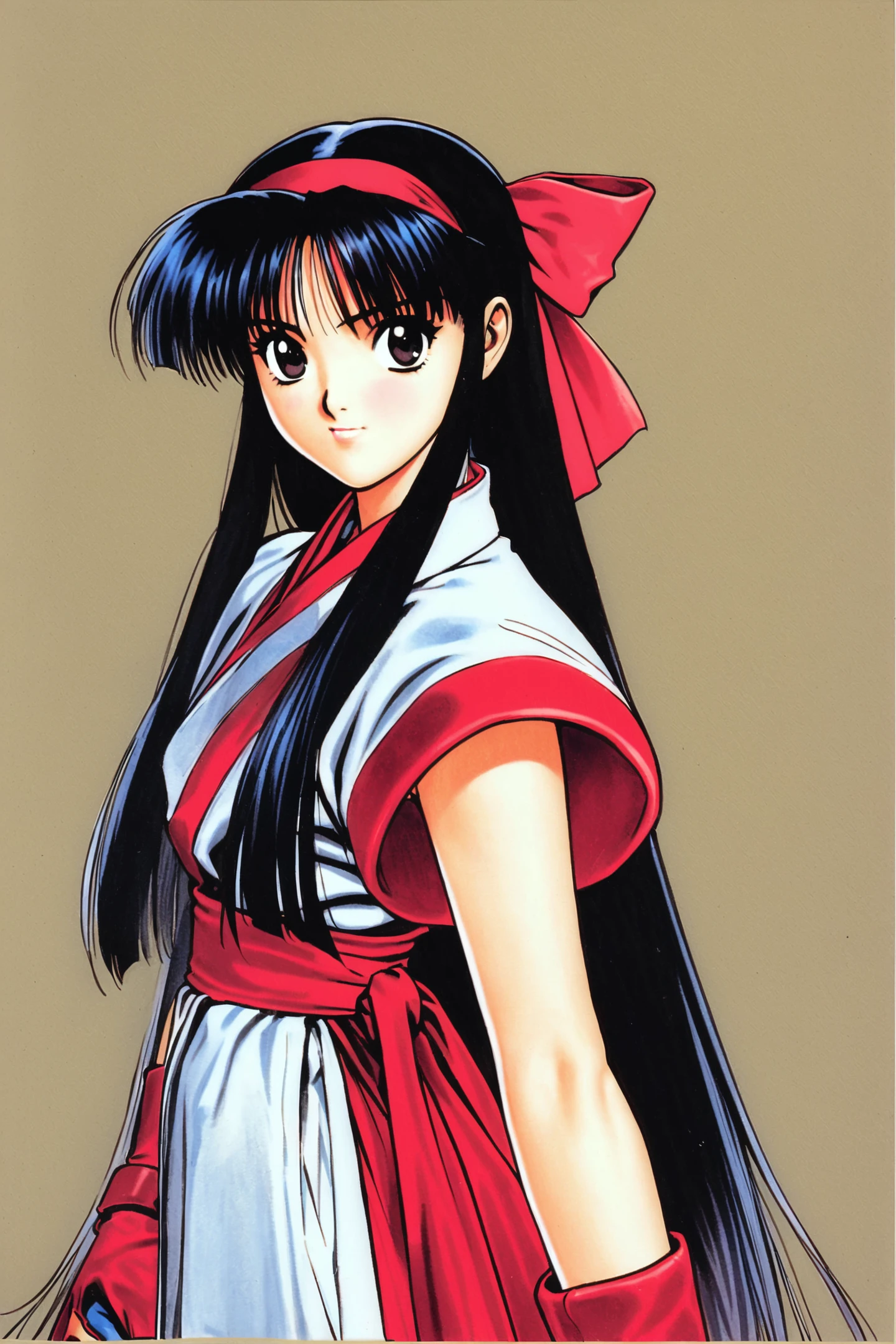 NakoRuru,1girl,solo,long hair,red bow,bow,black hair,1990s (style),retro artstyle,hair bow,fingerless gloves,hairband,gloves,black eyes,ainu clothes,simple background,traditional media,<lora:Aoi Nanase_XL:0.4>,<lora:shinkiro_XL:0.9>,