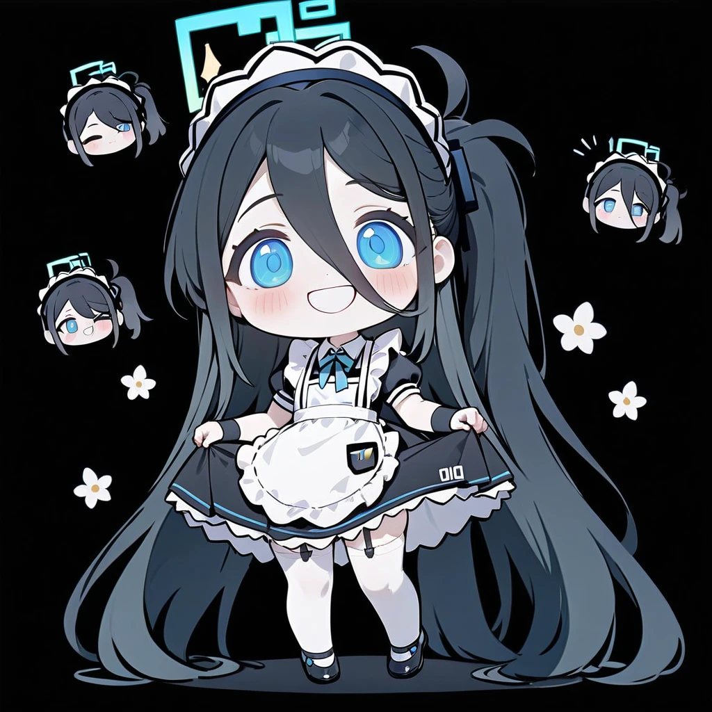 (grin, chibi, teeth),(masterpiece),(best quality),masterpiece,best quality,very aesthetic,absurdres,newest, BREAK sdorica composition,black background,simple background,character name, BREAK 1girl, solo, aris \(blue archive\), aris \(maid\) \(blue archive\), halo, long hair, black hair, thighhighs, white thighhighs, apron, blue eyes, official alternate costume, maid headdress, maid, very long hair, full body, simple background, white background, short sleeves, open mouth, dress, looking at viewer, maid apron, white apron, black footwear, borrowed clothes, shoes, black dress, frilled apron, frills, blush, upper teeth only, ponytail, smile, puffy sleeves, standing, side ponytail, teeth, puffy short sleeves, absurdly long hair, garter straps, skirt hold, bow, sidelocks,
