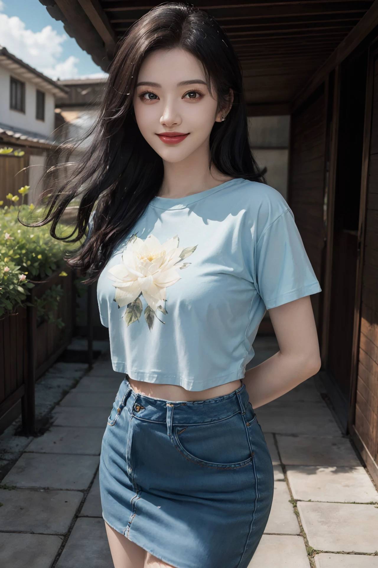 (4k, best quality, highres, absurdres, masterpiece:1.21), (realistic:1.331), detailed and intricate,
cinema light, (authentic skin texture:1.3),
1girl, perfect body, medium breasts, shiny skin,
light smile, arms behind back,
t-shirt, denim skirt, tight clothes, tight-fitting,
courtyard, flower, petals, lotus, wooden house, stone,
<lora:add_detail:0.3>, <lora:girlslike_jt:0.8>